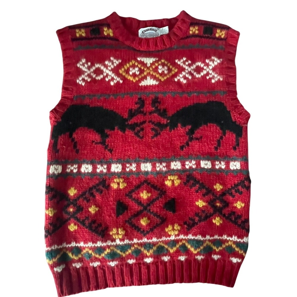 Cambridge Dry Goods Sweater Vest Mens Medium Red Fair Isle Reindeer Wool Vintage
